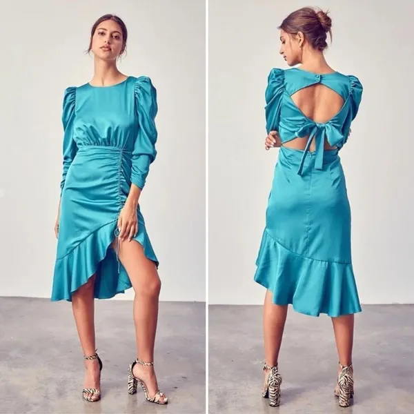 Do + Be Bow Tie Dress Teal Green Satin Mutton Sleeve Midi M - Image 2