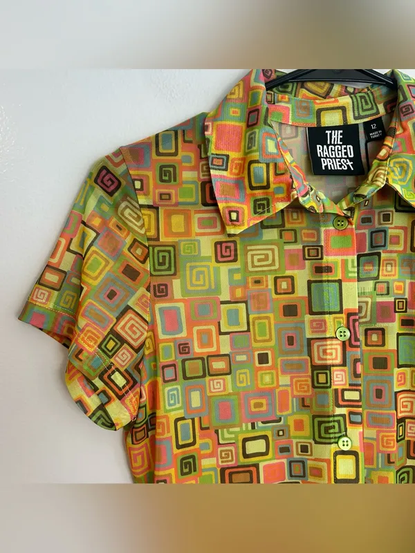 NWT Raggesd Priest Colorful Retro Square Button Down Mesh Shirt Mini Dress 12 - Image 6