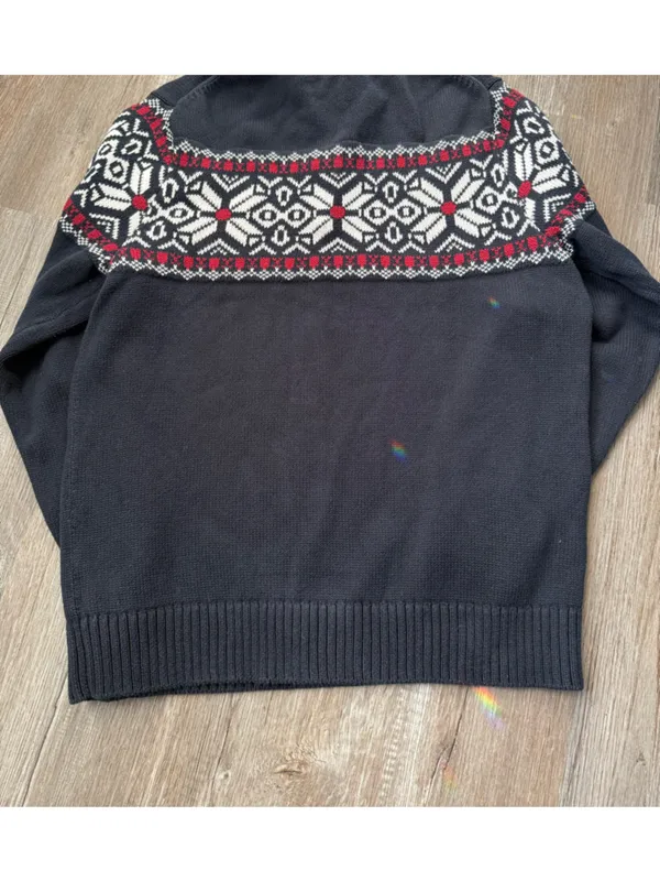 VTG L.L. Bean Cotton Quarter Zip Sweater Red White Navy Fair Isle Cottage Size M - Image 6