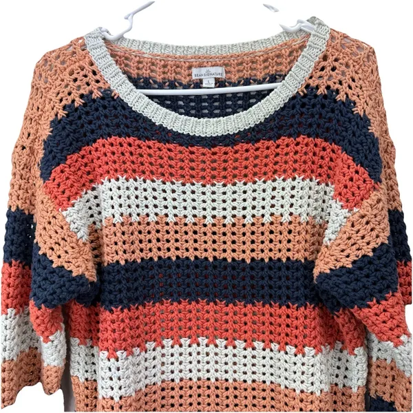 LL Bean Colorful Stripes Sig Bailey Island Chunky Cotton Pullover Sweater‎ LARGE - Image 5