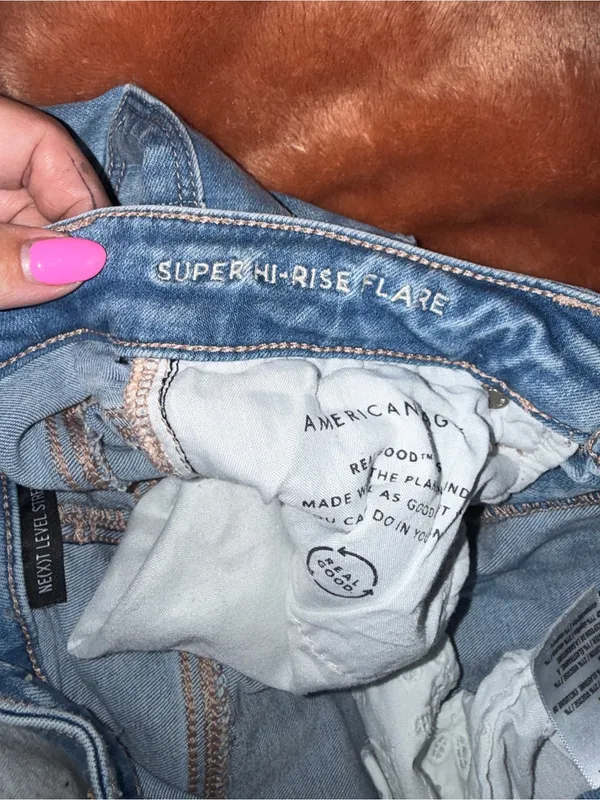Y2K American Eagle Super High Rise Flare Jeans Distressed Raw Hem - Image 8