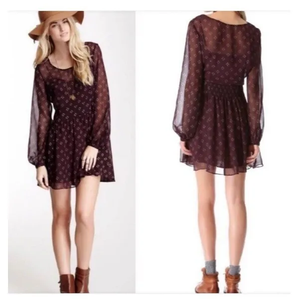 Free People Baby Dee Dress Maroon A Line Burgundy XS Retro‎ Geometric - Image 2