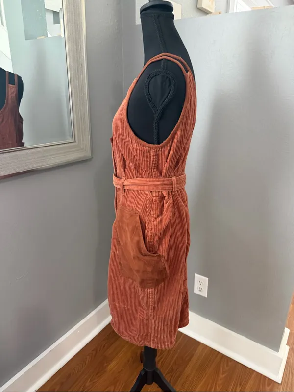 OAT Corduroy Button Front Granola Girl Boho Midi Dress Medium. Tie Wais - Image 4