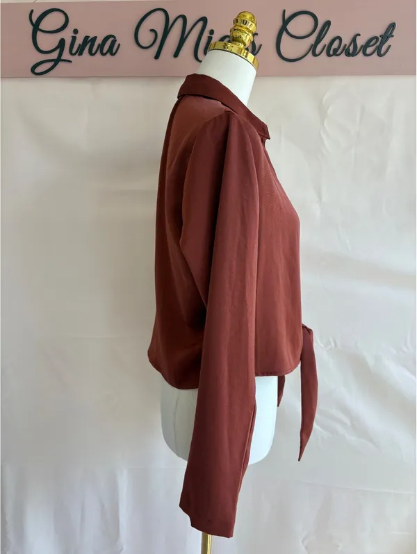 Express Portofino Rust Brown Long Sleeve Tie Front Shirt Size S - Image 3