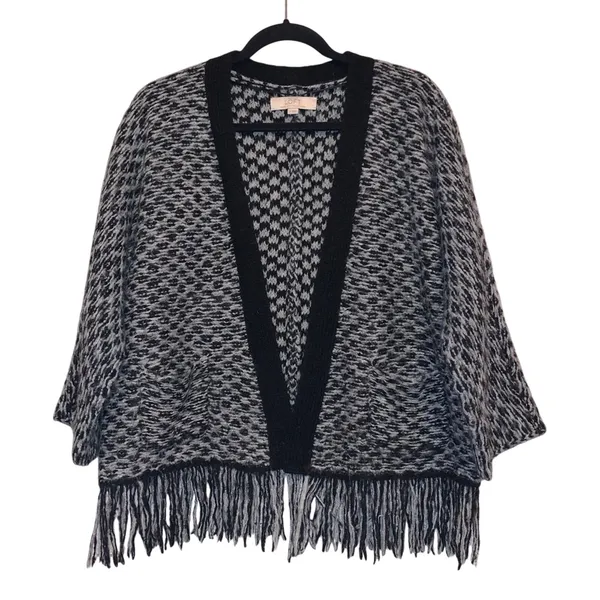 LOFT Wool Blend Fringe Cardigan Black White Open‎ Front Poncho Style Sweater Med - Image 2