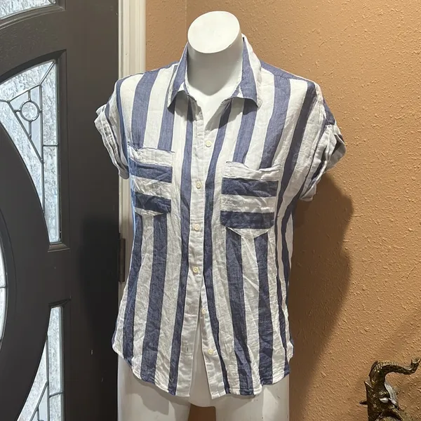 Lucky brand short sleeve striped open back button up blouse - Image 2