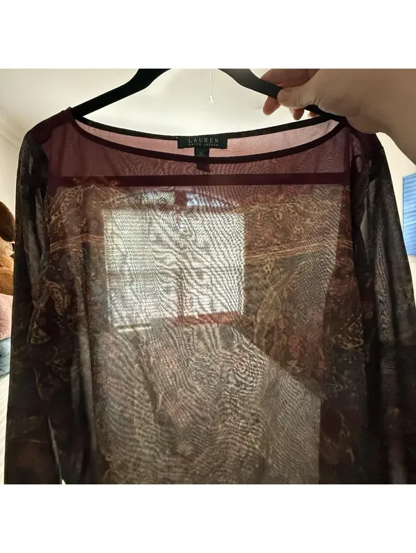 Lauren Ralph Lauren Burgundy Paisley Floral Sheer Blouse Top XL Extra Large - Image 3