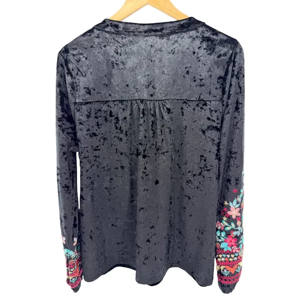 Black Crushed Velvet Floral Embroidered V-Neck Blouse Large Boho Peasant‎ Folk - Image 5