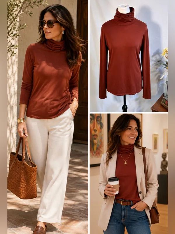 💥Peruvian Connection Extreme T-Neck Terracotta Pima Cotton Stretch Top Sz M🧡 - Image 2
