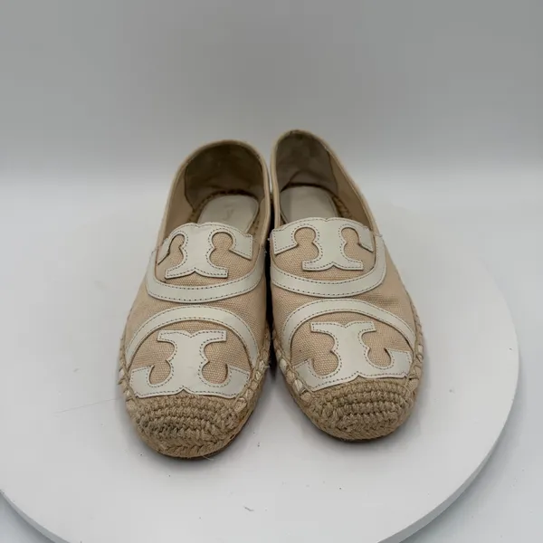 Tory Burch Poppy Espadrille Canvas Flats Beige White Logo 6M 41012 - Image 3