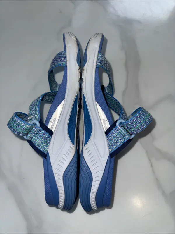Dansko Light Blue Slide Sandals with Multicolor Woven Straps - Image 3