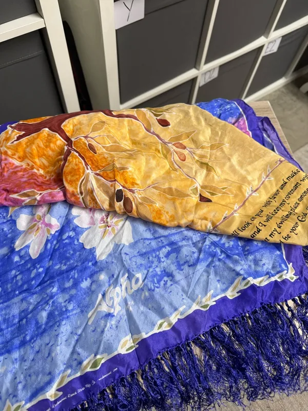 Vibrant Christian Scripture Floral Ombre Hand Rolled Silk Scarf with Fringe - Image 4