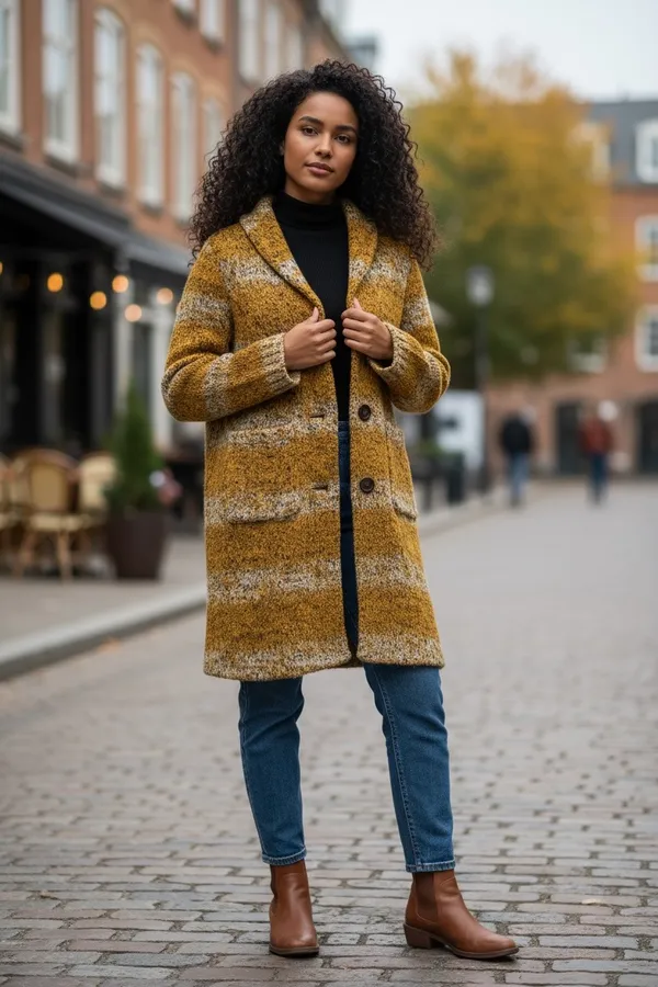 Anthropologie Tabitha Wool-Blend Longline Coat – Mustard & Grey Stripe, Size S - Image 4
