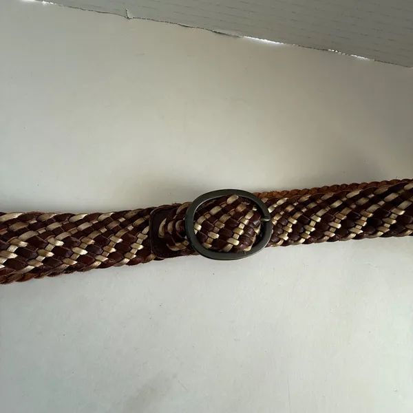American Eagle Women Leather Belt S/M Brown Metallic Braided Boho Buckle Indie - Image 2