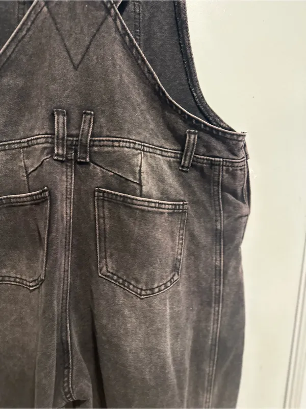 Black denim overalls jumpsuit Sz:L acid washed relaxed fit wide leg Baggy. - Image 12