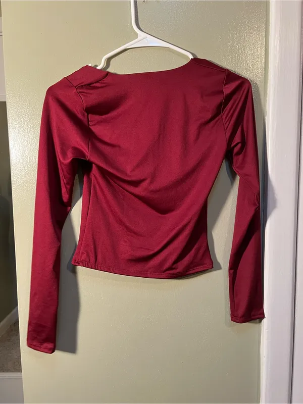 Gaze Women’s Sz XS Square Neck Long Sleeve Blouse Burgundy Cropped Sheen Stretch - Image 5