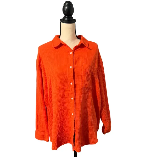 Aerie Women's Orange 100% Cotton Gauzy Day-Off Cover Up Shirt Sz M Oversized - Image 2