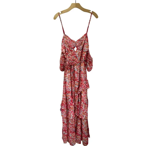 Lulus Posh Petals Red Floral Lurex Cold Shoulder Maxi Dress Size Large‎ Boho - Image 2