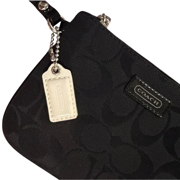 Coach Signature Jacquard Wristlet Black Canvas Patent Leather Trim Small Bag - Image 4