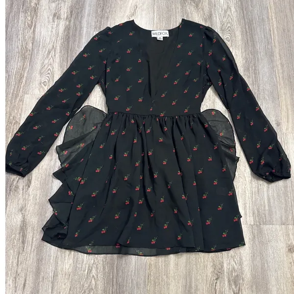 Wildfox Black‎ Rosebud Print Deep V-Neck Ruffle Mini Dress Long Sleeve Medium - Image 2