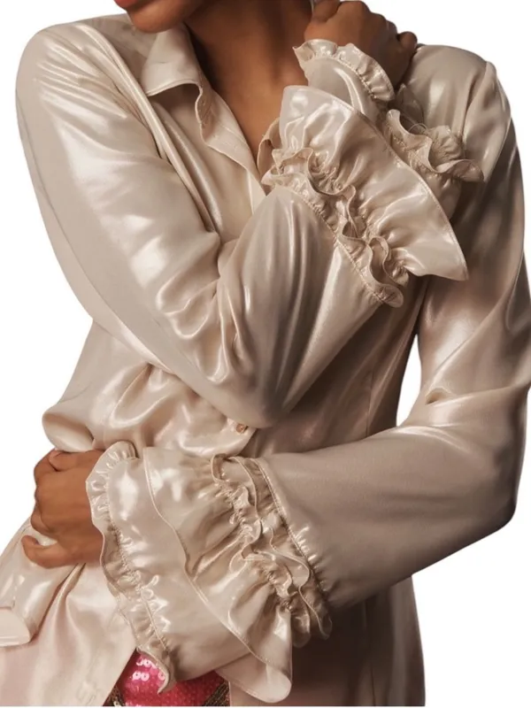 Maeve Anthropologie Satin Flounce Sleeve Button-Down Blouse Size L - Image 5