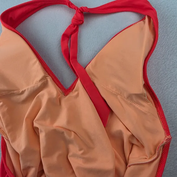 Aerie Women Coral Deep Plunge Halter One Piece Swimsuit High Cut Large - Image 5