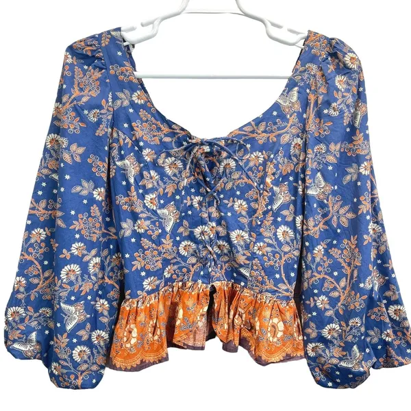 House of Harlow 1960 Peplum Top Women‎ S Blue Floral Lace-Up Boho Puff Sleeve - Image 2