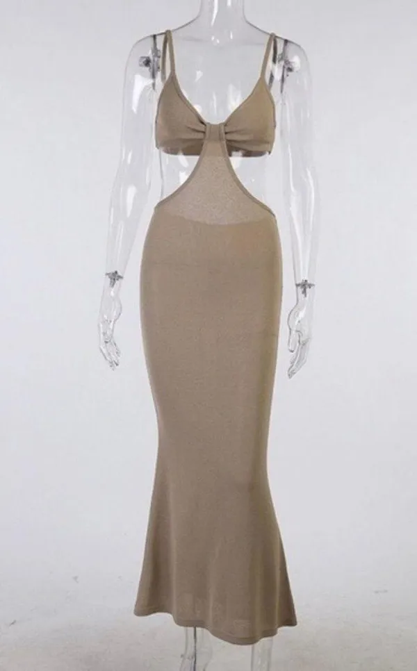 Boutique NEW Tan Knit Cutout Backless Bodycon Maxi Dress - Image 5