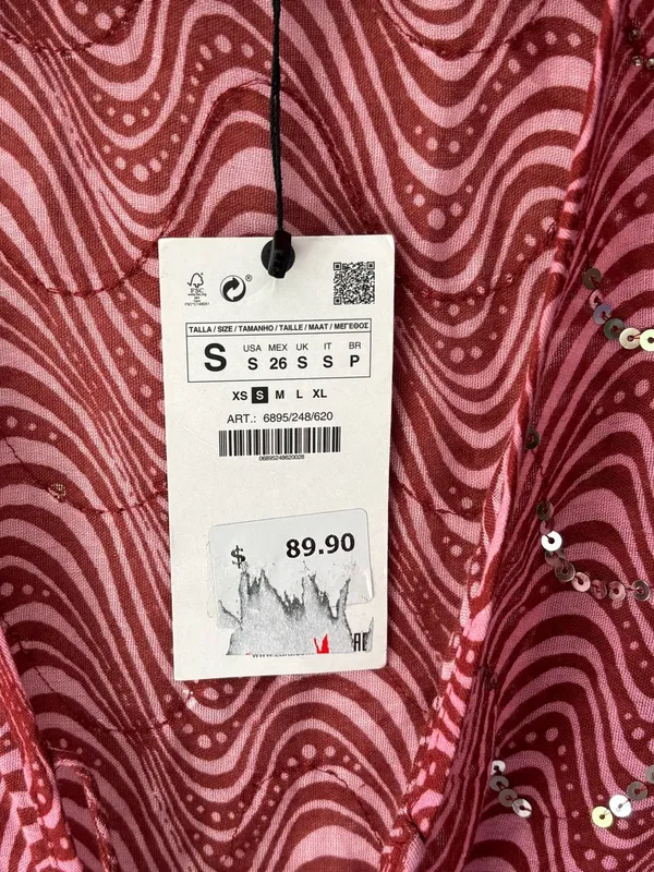 Zara Pink Sequins Beaded Swirl Printed Midi Dress Sheer Deep V Neck Tie Front - Image 6