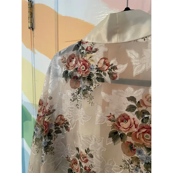 Vintage Kathryn Sheer Floral Lace Kimono Robe Duster Cover Up Satin Size Small - Image 6