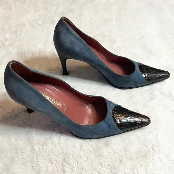 Sergio Rossi Pointed Toe Heals Blue Suede & Embossed Brown Leather Size 37 US 7 - Image 5