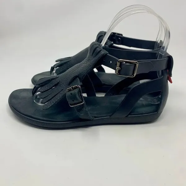 Hunter Original‎ Fringe T-Bar Leather Sandals Black - Image 10