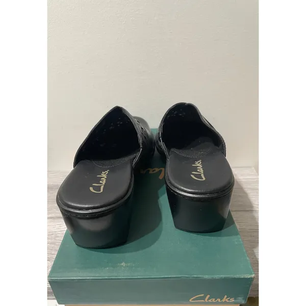 Clarks Karina Black Leather Mules Laser Cut Slip On Clogs Womens‎ 6.5 NEW - Image 3