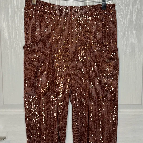 Free People Morelia Bronze Sequin Jogger Pants Sz M Shiny Sparkly Party Festival - Image 6