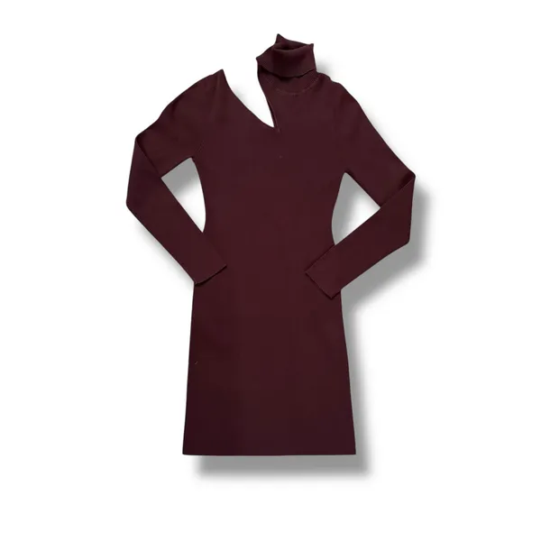 ALC Burgundy Ribbed Turtleneck Cutout‎ Long Sleeve Mini Dress Size L - Image 5