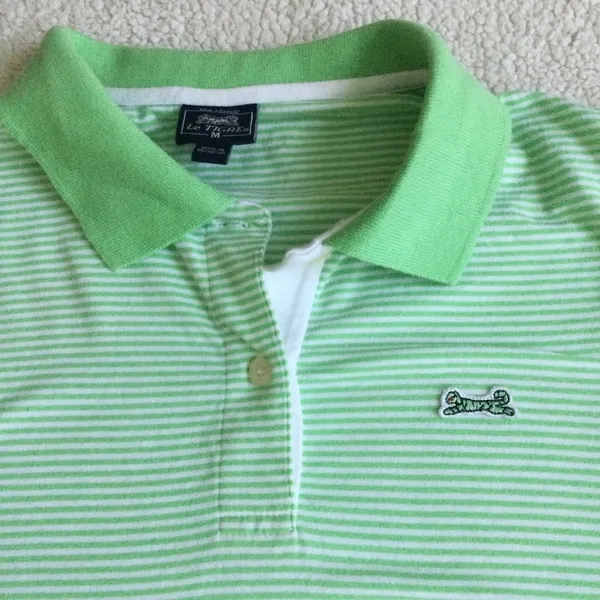 Y2K Polo Shirt Stretch Green Striped - Sz Medium - Image 6