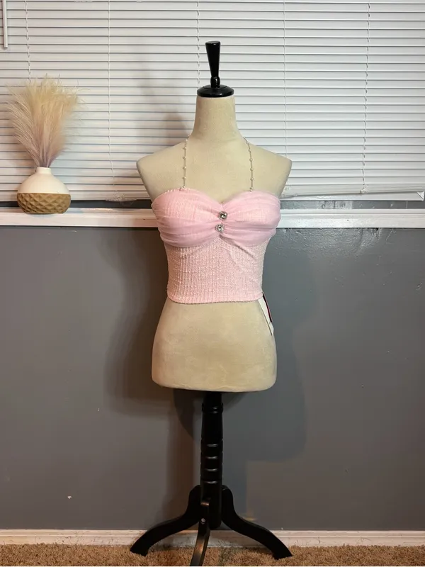 NWT Pink Tweed Bustier Tube Top Rhinestone Coquette Balletcore Corset Crop Top - Image 3