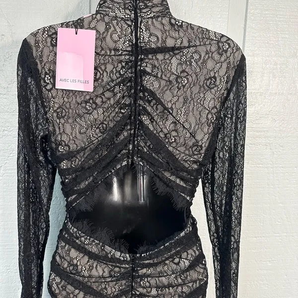 Avec Les Filles RUCHED LACE CUTOUT BACK MINIDRESS IN BLACK Size Small NWT - Image 7