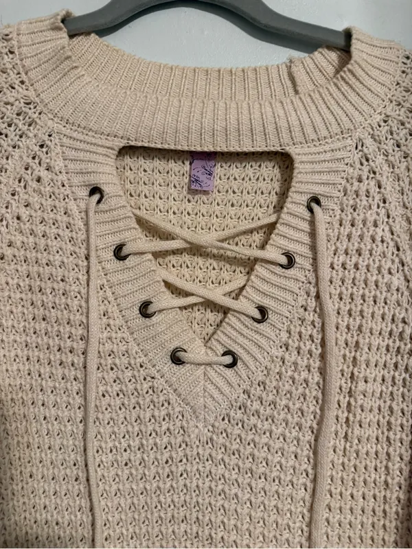 Francesca's Collections Lace-Up Waffle Knit Sweater in Beige - Image 3