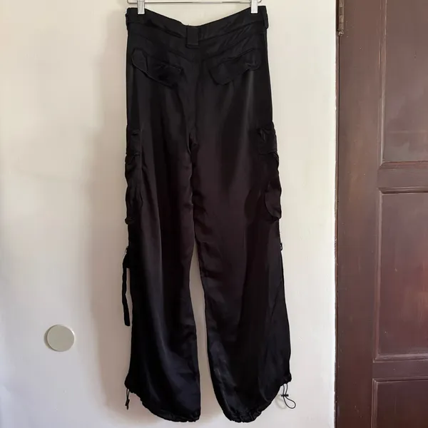ZARA | Black Satin Baggy Cargo Pants with Drawstring ankles | Medium - Image 5