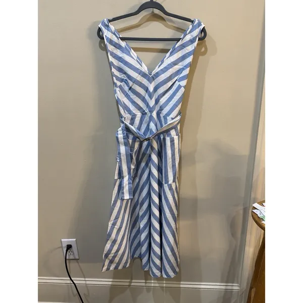 Kate‎ Spade Deck Blue White Stripe Linen Blend V Neck Midi Dress Size 6 Belted! - Image 4