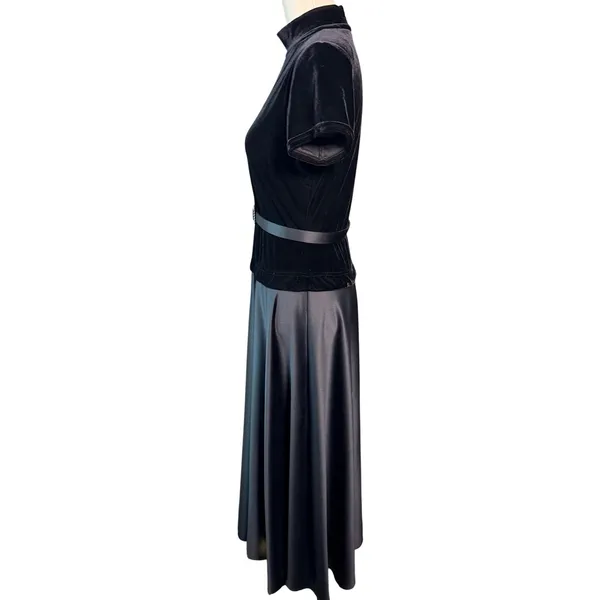 Vintage 80s Bari Jay Black Velvet Satin Belted Peplum Midi Cocktail Dress 9/10 - Image 5