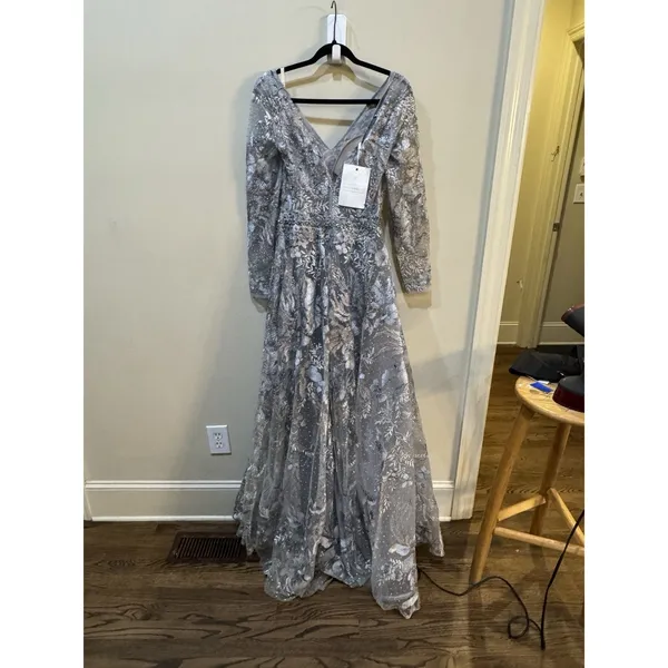 MAC DUGGAL 20214 LONG SLEEVE BEADED APPLIQUE GREY MULTI GOWN Size 6 Dress - Image 5