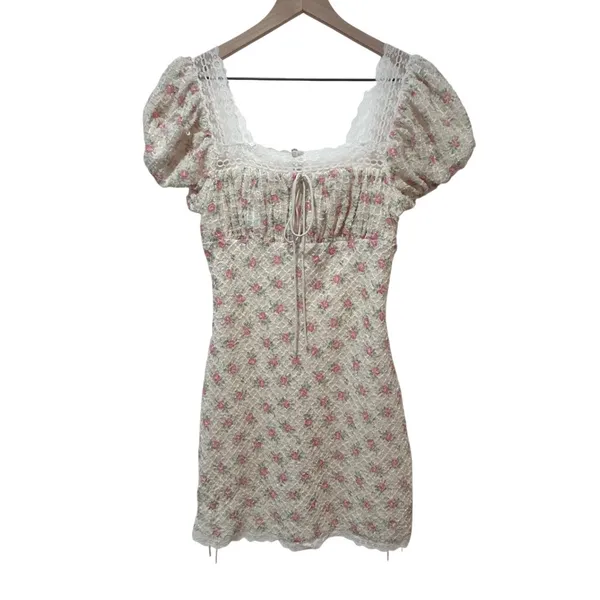 For Love & Lemons Maxine Mini Dress Small White Pink Floral Cottagecore Romantic - Image 4