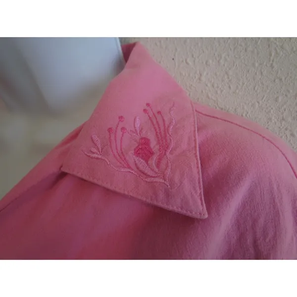 Vintage 90s Cotton Pajama Set‎ XXXL Pink Cotton Floral Embroidered Button Up - Image 3