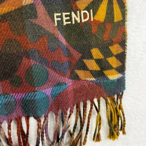 FENDI Multicolor Geometric Abstract Scarf Embroidered Logo Fringe Bohemian Fall - Image 5