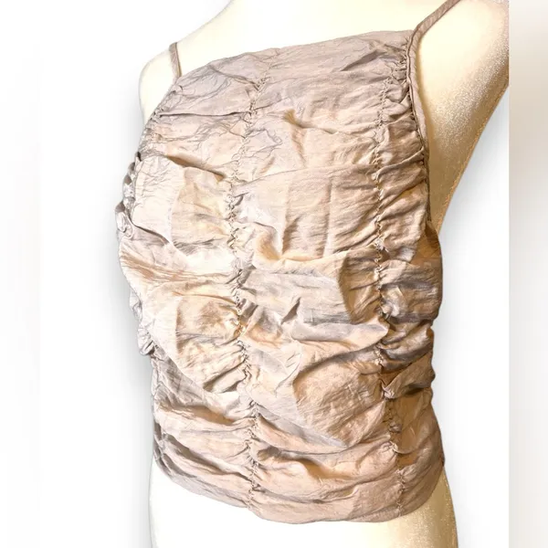 Zara Ruched Halter Crop Top Light Tan Brown Smocked Draped Size S - Image 4