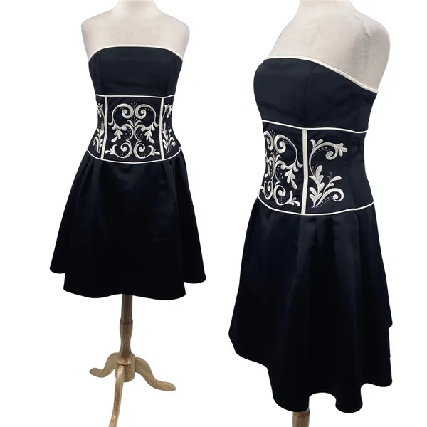 Vintage Y2k Jessica McClintock Satin Cocktail Dress Strapless Fit & Flare Black - Image 3