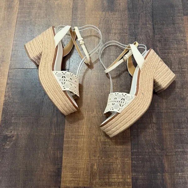 Tory Burch Espadrille Block Heel Sandals Ivory Leather Ankle Strap Size 9.5 - Image 4
