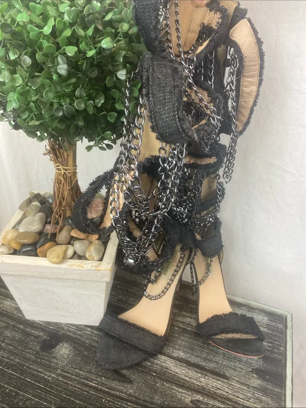 Cape Robbin Black Alza 77 Frayed Denim Spike Heel Chain Trim Gladiator Shoes 6 - Image 6